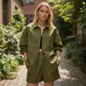 Athleta NWOT Lunar Sheen Snap Up Olive Green Shirt Jacket. Small